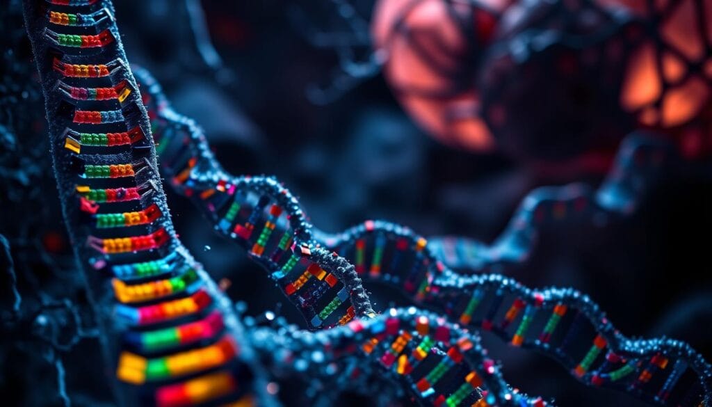 A microscopic view of epigenetic modifications, showcasing intricate patterns of DNA methylation and histone acetylation. In the foreground, vibrant colors represent active gene expression, while muted tones signify silenced regions. The middle ground features a network of interconnected molecular pathways, highlighting the complex interplay between environmental factors and genetic regulation. In the background, a subtle overlay of neural tissue hints at the impact of these epigenetic changes on the brain and nervous system. Dramatic lighting casts dramatic shadows, conveying the gravity and significance of these transformative processes. Captured with a high-resolution scientific lens, this image aims to illustrate the profound impact of trauma on the epigenetic landscape. A microscopic view of epigenetic modifications, showcasing intricate patterns of DNA methylation and histone acetylation. In the foreground, vibrant colors represent active gene expression, while muted tones signify silenced regions. The middle ground features a network of interconnected molecular pathways, highlighting the complex interplay between environmental factors and genetic regulation. In the background, a subtle overlay of neural tissue hints at the impact of these epigenetic changes on the brain and nervous system. Dramatic lighting casts dramatic shadows, conveying the gravity and significance of these transformative processes. Captured with a high-resolution scientific lens, this image aims to illustrate the profound impact of trauma on the epigenetic landscape.