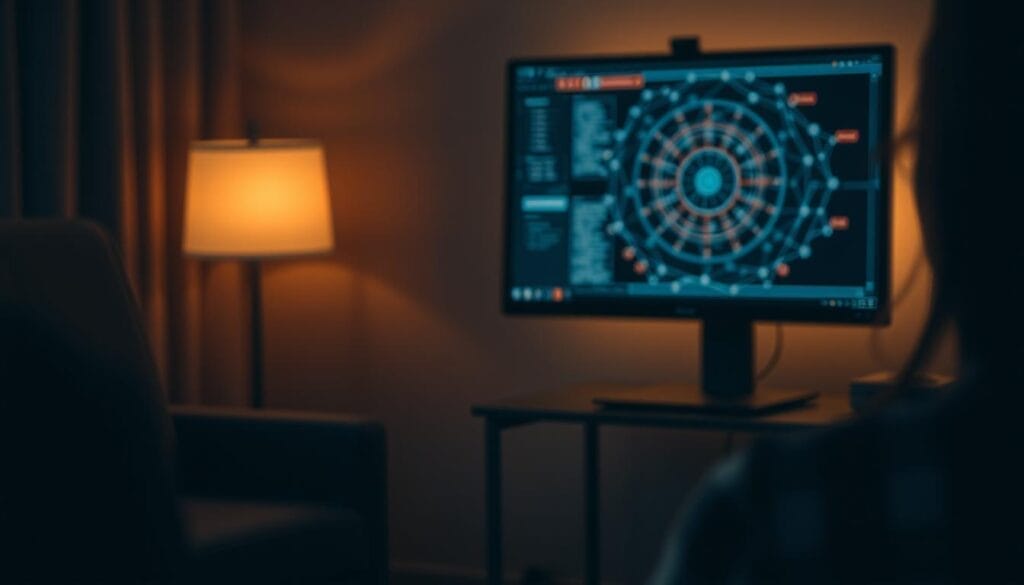 A patient sitting in a therapy session, deep in thought, with a pensive expression on their face. The room is dimly lit, creating a contemplative atmosphere. In the background, a computer monitor displays a complex AI algorithm, hinting at the patient's concerns about the integration of AI in mental health treatment. The scene is captured in a cinematic, slightly desaturated style, using a shallow depth of field to focus the viewer's attention on the patient's introspective gaze. The overall mood conveys the weight of the patient's worries about the potential impact of AI on their mental well-being. A patient sitting in a therapy session, deep in thought, with a pensive expression on their face. The room is dimly lit, creating a contemplative atmosphere. In the background, a computer monitor displays a complex AI algorithm, hinting at the patient's concerns about the integration of AI in mental health treatment. The scene is captured in a cinematic, slightly desaturated style, using a shallow depth of field to focus the viewer's attention on the patient's introspective gaze. The overall mood conveys the weight of the patient's worries about the potential impact of AI on their mental well-being.