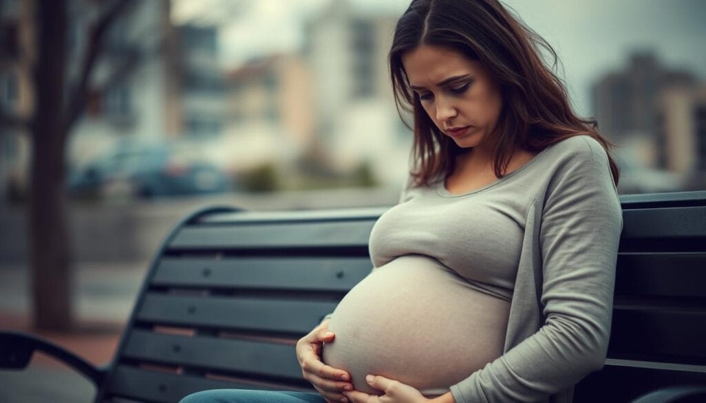 A pregnant woman sits on a bench, her face etched with worry. Soft, ambient lighting casts gentle shadows, creating a pensive atmosphere. In the background, blurred urban landscapes suggest the stresses of daily life encroaching. The woman's hands rest protectively on her rounded belly, a visual metaphor for the weight of maternal anxieties. Muted tones of grays and blues evoke the somber mood, while delicate textures add depth and realism to the scene. The composition focuses on the woman's introspective expression, conveying the internal turmoil of navigating pregnancy amid the pressures of stress and uncertainty. A pregnant woman sits on a bench, her face etched with worry. Soft, ambient lighting casts gentle shadows, creating a pensive atmosphere. In the background, blurred urban landscapes suggest the stresses of daily life encroaching. The woman's hands rest protectively on her rounded belly, a visual metaphor for the weight of maternal anxieties. Muted tones of grays and blues evoke the somber mood, while delicate textures add depth and realism to the scene. The composition focuses on the woman's introspective expression, conveying the internal turmoil of navigating pregnancy amid the pressures of stress and uncertainty.