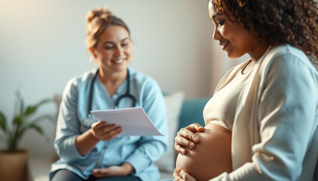 A serene and compassionate scene of a mental health screening during pregnancy. In the foreground, a healthcare professional gently administers a screening assessment, their expression one of empathy and care. The pregnant woman sits calmly, her body language open and trusting. Soft, natural lighting bathes the scene, creating a sense of warmth and comfort. In the background, soothing shades of blues and greens convey a tranquil, supportive environment, reflecting the importance of prioritizing maternal mental well-being. The overall atmosphere is one of understanding, safety, and the vital need to address anxiety and depression during this transformative time. A serene and compassionate scene of a mental health screening during pregnancy. In the foreground, a healthcare professional gently administers a screening assessment, their expression one of empathy and care. The pregnant woman sits calmly, her body language open and trusting. Soft, natural lighting bathes the scene, creating a sense of warmth and comfort. In the background, soothing shades of blues and greens convey a tranquil, supportive environment, reflecting the importance of prioritizing maternal mental well-being. The overall atmosphere is one of understanding, safety, and the vital need to address anxiety and depression during this transformative time.