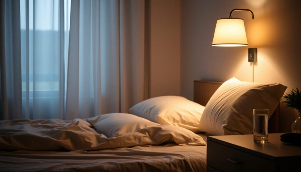 A serene bedroom at night, dimly lit by a warm bedside lamp. The bed is neatly made, with plush bedding and pillows inviting deep, restful sleep. Soft, diffused light filters through sheer curtains, casting a calming, dreamlike atmosphere. On the nightstand, a sleeping mask and a glass of water stand ready, symbolizing the importance of quality sleep. The room is uncluttered, with clean lines and muted colors, creating a sense of tranquility and relaxation. The overall scene evokes a peaceful, restorative environment conducive to healthy, rejuvenating slumber. A serene bedroom at night, dimly lit by a warm bedside lamp. The bed is neatly made, with plush bedding and pillows inviting deep, restful sleep. Soft, diffused light filters through sheer curtains, casting a calming, dreamlike atmosphere. On the nightstand, a sleeping mask and a glass of water stand ready, symbolizing the importance of quality sleep. The room is uncluttered, with clean lines and muted colors, creating a sense of tranquility and relaxation. The overall scene evokes a peaceful, restorative environment conducive to healthy, rejuvenating slumber.