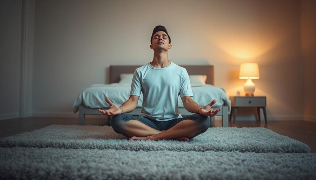 A serene, dimly lit bedroom scene showcasing a person practicing diaphragmatic breathing for insomnia relief. The subject sits cross-legged on a plush, neutral-toned rug, eyes closed in peaceful meditation. Soft, warm lighting emanates from a bedside table lamp, casting a gentle glow across the room. In the background, a minimalist bed frame and nightstand create a calming, uncluttered environment. The overall atmosphere conveys a sense of tranquility and mindfulness, highlighting the restorative power of breath-based therapy for insomnia. A serene, dimly lit bedroom scene showcasing a person practicing diaphragmatic breathing for insomnia relief. The subject sits cross-legged on a plush, neutral-toned rug, eyes closed in peaceful meditation. Soft, warm lighting emanates from a bedside table lamp, casting a gentle glow across the room. In the background, a minimalist bed frame and nightstand create a calming, uncluttered environment. The overall atmosphere conveys a sense of tranquility and mindfulness, highlighting the restorative power of breath-based therapy for insomnia.