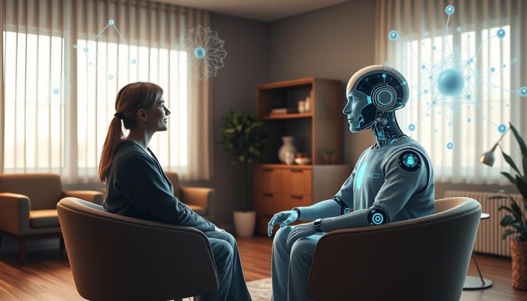 A serene, well-lit medical office interior, with comfortable armchairs and soothing earth-toned decor. A patient sits across from a compassionate AI therapist, their body language conveying a sense of ease and openness. The AI's digital avatar, rendered with photorealistic detail, gazes empathetically at the patient, its interface streamlined and intuitive. Ambient lighting casts a warm glow, creating an atmosphere of trust and healing. In the background, abstract visualizations of neural networks and data flows hint at the AI's sophisticated cognitive processes working to support the patient's mental wellbeing. A serene, well-lit medical office interior, with comfortable armchairs and soothing earth-toned decor. A patient sits across from a compassionate AI therapist, their body language conveying a sense of ease and openness. The AI's digital avatar, rendered with photorealistic detail, gazes empathetically at the patient, its interface streamlined and intuitive. Ambient lighting casts a warm glow, creating an atmosphere of trust and healing. In the background, abstract visualizations of neural networks and data flows hint at the AI's sophisticated cognitive processes working to support the patient's mental wellbeing.