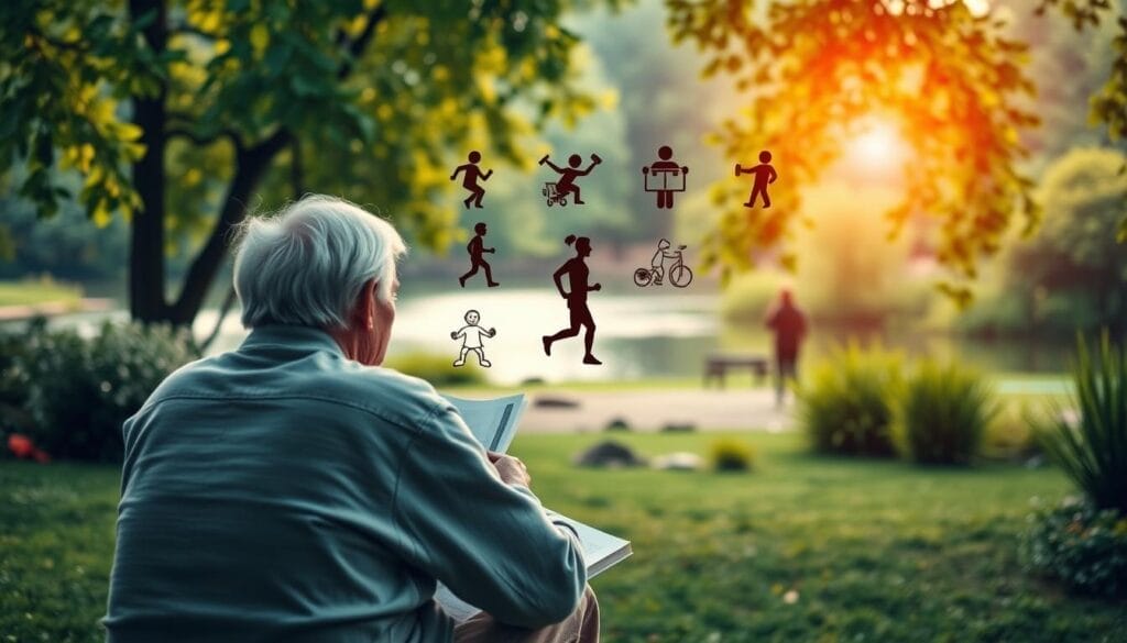 A serene, well-lit scene depicting preventative measures against dementia. In the foreground, an elderly person engaging in mentally stimulating activities such as reading, puzzles, or board games. The middle ground showcases healthy lifestyle choices like exercise, a balanced diet, and social interaction. In the background, a peaceful natural setting with lush greenery, a calming body of water, and a warm, diffused lighting. The overall atmosphere conveys a sense of tranquility, mental sharpness, and proactive steps towards maintaining cognitive health in the later stages of life. A serene, well-lit scene depicting preventative measures against dementia. In the foreground, an elderly person engaging in mentally stimulating activities such as reading, puzzles, or board games. The middle ground showcases healthy lifestyle choices like exercise, a balanced diet, and social interaction. In the background, a peaceful natural setting with lush greenery, a calming body of water, and a warm, diffused lighting. The overall atmosphere conveys a sense of tranquility, mental sharpness, and proactive steps towards maintaining cognitive health in the later stages of life.