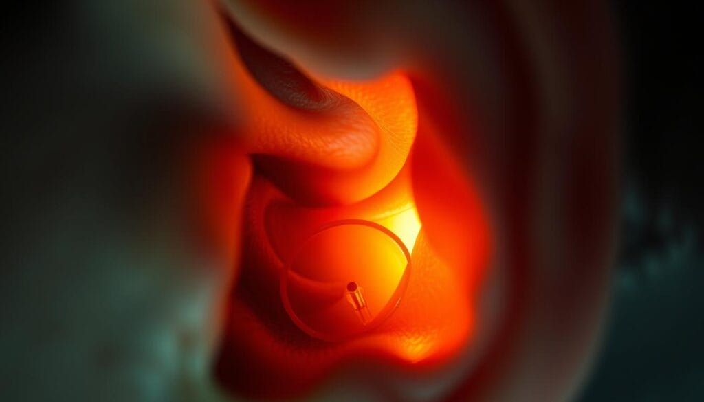 A tightly framed close-up of a human ear, capturing the intricate inner workings and delicate structures in vivid detail. The ear appears magnified, its intricate folds and canals rendered with photorealistic precision under warm, soft lighting that casts subtle shadows. The viewer is drawn into the intimate, almost unsettling perspective, as if peering directly into the source of the maddening sounds that trigger misophonia. The image conveys a sense of unease and discomfort, hinting at the physiological and psychological complexities underlying this condition. A tightly framed close-up of a human ear, capturing the intricate inner workings and delicate structures in vivid detail. The ear appears magnified, its intricate folds and canals rendered with photorealistic precision under warm, soft lighting that casts subtle shadows. The viewer is drawn into the intimate, almost unsettling perspective, as if peering directly into the source of the maddening sounds that trigger misophonia. The image conveys a sense of unease and discomfort, hinting at the physiological and psychological complexities underlying this condition.
