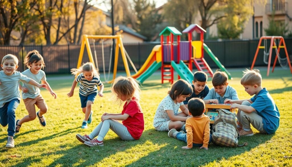 A vibrant scene showcasing the contrast between active and sedentary play. In the foreground, a group of children energetically engage in a game of tag, their limbs in motion, faces alight with excitement. In the middle ground, a separate cluster of children sit quietly, absorbed in a board game, their posture relaxed and focused. The background features a well-equipped playground, with swings, slides, and climbing structures, inviting physical exploration. Warm, natural lighting casts a golden glow, emphasizing the distinct energies of the two play styles. The composition captures the essence of the active and sedentary dichotomy, conveying the different cognitive and physical demands of each type of play. A vibrant scene showcasing the contrast between active and sedentary play. In the foreground, a group of children energetically engage in a game of tag, their limbs in motion, faces alight with excitement. In the middle ground, a separate cluster of children sit quietly, absorbed in a board game, their posture relaxed and focused. The background features a well-equipped playground, with swings, slides, and climbing structures, inviting physical exploration. Warm, natural lighting casts a golden glow, emphasizing the distinct energies of the two play styles. The composition captures the essence of the active and sedentary dichotomy, conveying the different cognitive and physical demands of each type of play.