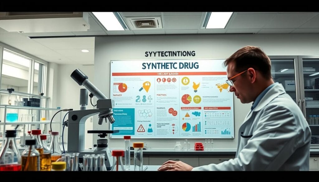 A vivid depiction of synthetic drug prevention measures, showcasing a laboratory setting with scientific equipment and analytical tools. In the foreground, a researcher in a white lab coat examines a substance under a microscope, with various test tubes and beakers surrounding them. The middle ground features a wall display with infographics and data visualizations highlighting the dangers and prevention strategies for synthetic drugs. The background depicts a modern, well-lit research facility, conveying a sense of professionalism and the importance of this public health issue. The lighting is bright and even, creating a clinical atmosphere, while the camera angle provides a wide, panoramic view to capture the comprehensive nature of the scene. A vivid depiction of synthetic drug prevention measures, showcasing a laboratory setting with scientific equipment and analytical tools. In the foreground, a researcher in a white lab coat examines a substance under a microscope, with various test tubes and beakers surrounding them. The middle ground features a wall display with infographics and data visualizations highlighting the dangers and prevention strategies for synthetic drugs. The background depicts a modern, well-lit research facility, conveying a sense of professionalism and the importance of this public health issue. The lighting is bright and even, creating a clinical atmosphere, while the camera angle provides a wide, panoramic view to capture the comprehensive nature of the scene.