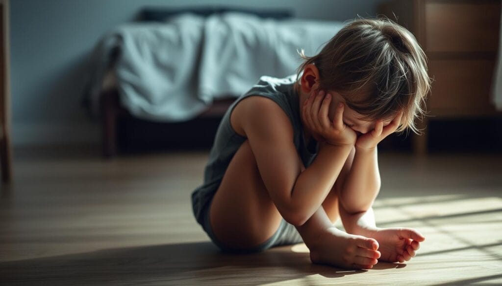 A child sitting on the floor, their head in their hands, expression somber and withdrawn. Muted colors, soft lighting casts shadows, creating a sense of melancholy. In the background, a blurred room, perhaps a bedroom, hinting at the child's isolation. Minimalist details emphasize the emotional weight, conveying the internal struggle of childhood depression. Evocative, subtle, and introspective, this image aims to sensitively illustrate the introduction to the complex topic of childhood depression and parent-child interaction therapy.