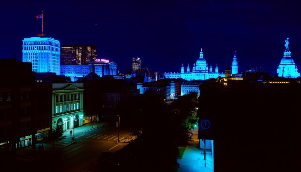 A cityscape at night, with buildings and landmarks illuminated in a vibrant, soothing blue hue. The scene features a mix of modern and historic architecture, their facades and windows glowing with a tranquil, almost ethereal light. The streets are quiet, with a sense of calm and serenity pervading the atmosphere. The lighting casts long, dramatic shadows, creating a striking interplay of light and dark. The sky is a deep, inky blue, dotted with twinkling stars, complementing the blue-lit structures below. The overall effect is one of a dreamlike, almost otherworldly ambiance, conveying a sense of unity and community as the city comes together in a collective display of blue illumination.