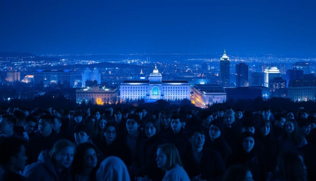 A cityscape illuminated in shades of blue, symbolizing the awareness of neurological diseases. In the foreground, a crowd of people gathered, their faces reflecting a sense of unity and purpose. In the middle ground, a large structure, perhaps a hospital or medical center, stands as a beacon of hope and research. The background is a panoramic view of the city, its buildings and landmarks bathed in a serene, calming blue hue. The scene conveys a mood of solidarity, advocacy, and a collective commitment to understanding and addressing the challenges of neurological conditions. Soft, diffused lighting creates a sense of tranquility, while the dynamic poses of the people in the foreground suggest a vibrant, engaged community.