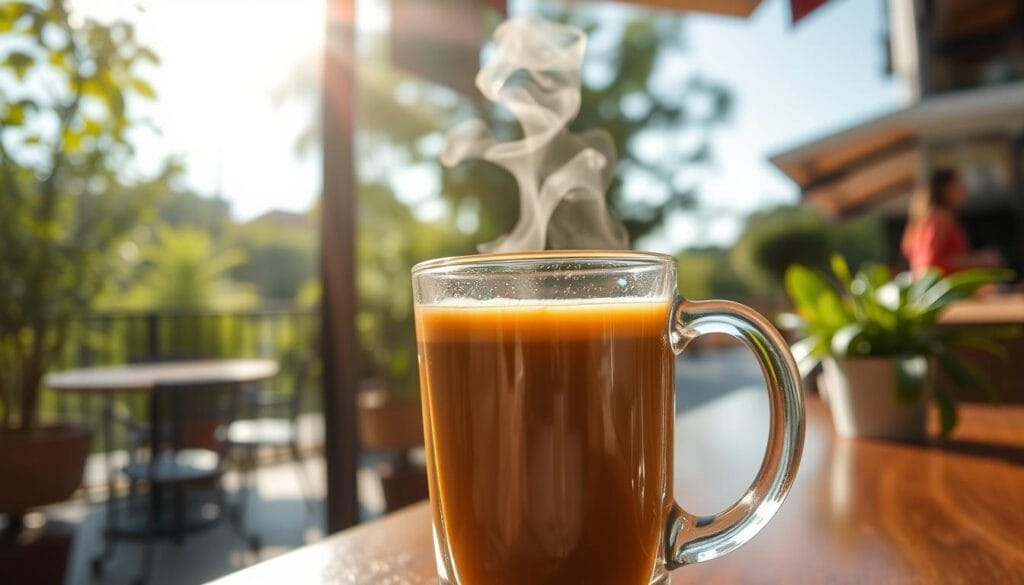 A close-up shot of freshly brewed coffee in a glass mug, steam rising gently. In the background, a serene scene of a sun-dappled café terrace, with lush greenery and a tranquil atmosphere. The lighting is warm and natural, casting a soft glow on the coffee, highlighting its rich, inviting hue. The composition emphasizes the sensory pleasures of coffee consumption, with a focus on the beverage's aroma, texture, and soothing qualities. The overall mood is one of relaxation, wellness, and the simple joys of daily life.