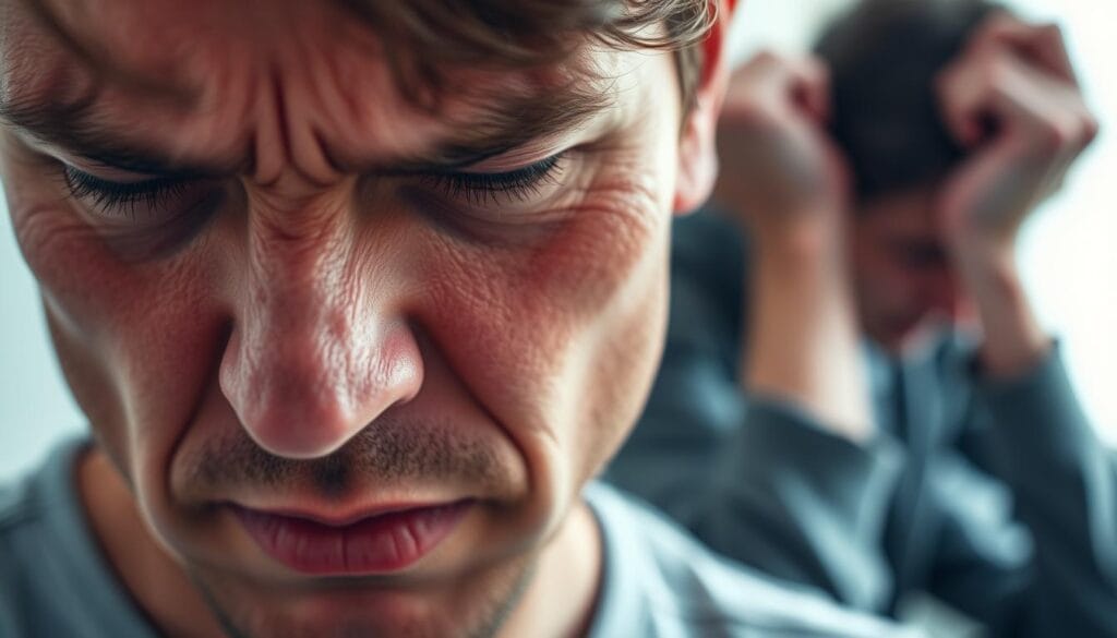 A close-up view of a person's face, displaying a range of emotional expressions associated with antidepressant withdrawal. The foreground focuses on the subject's furrowed brow, tense jaw, and dark circles under their eyes, conveying a sense of discomfort and distress. The middle ground reveals the person's tense posture, with hunched shoulders and clenched fists, suggesting physical and psychological tension. The background is blurred, creating a sense of isolation and introspection. The lighting is soft and natural, casting subtle shadows that accentuate the subject's features and heighten the sense of vulnerability. The overall tone is somber and introspective, capturing the complex emotional and physical experiences of discontinuing antidepressant medication.