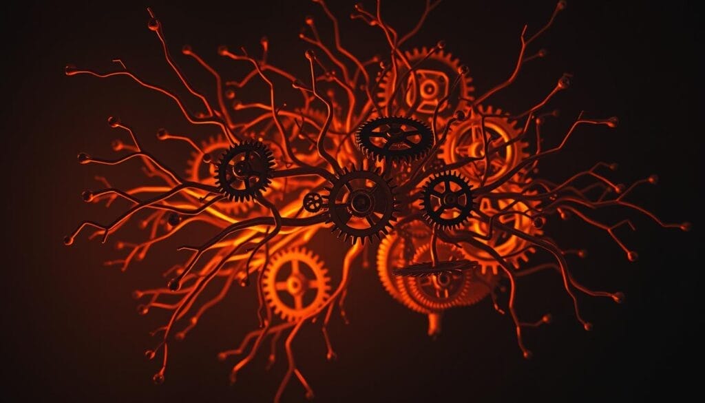 A complex neural network in transition, with synaptic connections pulsing and shifting. Intricate gears and mechanisms intertwine, symbolizing the delicate balance between recreational use and addiction. Warm lighting casts an amber glow, creating a sense of unease and tension. Shadows and depth suggest the hidden, subconscious processes at work. The composition is balanced, with a focus on the central mechanisms, surrounded by a shadowy, almost ominous background. Technical, yet organic; a visual metaphor for the subtle, gradual shift from control to compulsion.