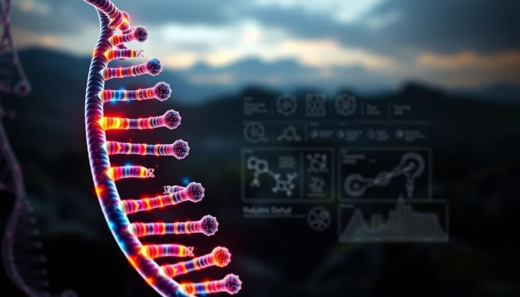 A detailed genetic map depicting the risk genes for Bipolar Disorder. In the foreground, a vibrant, glowing helix structure representing the human genome, with certain segments highlighted in vivid colors to indicate risk loci. In the middle ground, an array of molecular models and diagrams providing additional scientific context. The background features a blurred, atmospheric landscape suggesting the complexity and scale of genomic research. Soft, directional lighting casts dramatic shadows, emphasizing the depth and texture of the elements. The overall mood is one of scientific discovery and the pursuit of understanding the genetic underpinnings of mental health conditions.