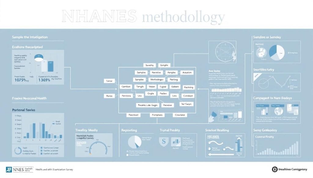 A detailed, scientific illustration depicting the NHANES (National Health and Nutrition Examination Survey) methodology. A clean, minimalist layout showcases a central diagram with labeled components, surrounded by supporting statistical graphics and visualizations. The diagram features a clear flow chart outlining the key steps of the NHANES survey process, from sampling and data collection to analysis and reporting. Muted tones of blue, gray, and white convey an authoritative, data-driven aesthetic. Precise technical renderings capture the complex logistics of this large-scale national health study, presented in a visually engaging manner to illuminate the core elements of the NHANES methodology.