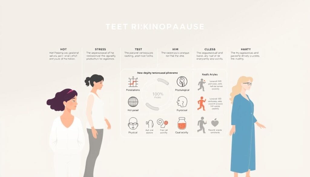 A detailed, scientifically accurate illustration of the key risk factors associated with menopause, depicted in a clean, minimalist style. The foreground showcases a diverse group of women at different stages of the menopausal transition, each facing unique challenges such as hot flashes, sleep disturbances, and hormonal imbalances. The middle ground features a series of icons and infographic elements highlighting the physiological, psychological, and lifestyle factors that can impact menopausal health, including stress, diet, and physical activity. The background provides a soothing, neutral palette that allows the key information to take center stage, conveying a sense of calm and wellness. Soft, diffused lighting creates a serene, contemplative atmosphere, emphasizing the importance of self-care and holistic approaches to managing the menopausal experience.