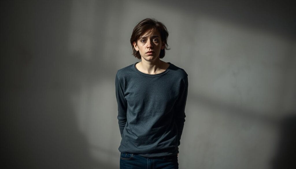 A disoriented and dazed person, eyes unfocused, stands unsteadily against a blurred background of muted colors. Shadows cast by an unseen light source create a sense of depth and drama. The figure's expression conveys a state of confusion and imbalance, capturing the unsettling experience of discontinuing antidepressant medication. The composition suggests a psychological and physiological state of "capogiri," or dizziness and vertigo, during the suspension of antidepressants. The overall mood is one of unease and vulnerability, reflecting the delicate and complex process of withdrawing from these medications.