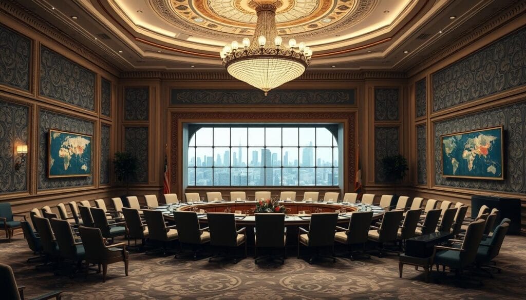 A grand, elegant room with a majestic chandelier casting a warm glow. In the foreground, a circular conference table surrounded by sophisticated chairs, creating an atmosphere of thoughtful discourse. Behind the table, a large, ornate window frames a panoramic view of a bustling city skyline, symbolizing the global nature of the dialogue. The walls are adorned with intricate patterns and artwork, conveying a sense of cultural richness. Subtle lighting accentuates the grandeur, while a serene, contemplative mood pervades the scene, inviting participants to engage in meaningful, multilateral exchange.
