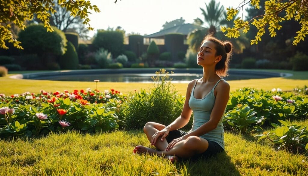 A lush garden scene, bathed in soft, natural light. In the foreground, a person sits cross-legged on the grass, eyes closed, hands resting peacefully on their lap. The middle ground features thriving, verdant plants and flowers, their vibrant colors and textures creating a calming, restorative atmosphere. In the background, a serene pond reflects the tranquil sky above, surrounded by a gentle arrangement of trees and shrubs. The overall mood is one of deep relaxation, inner peace, and a sense of harmony with the natural world.
