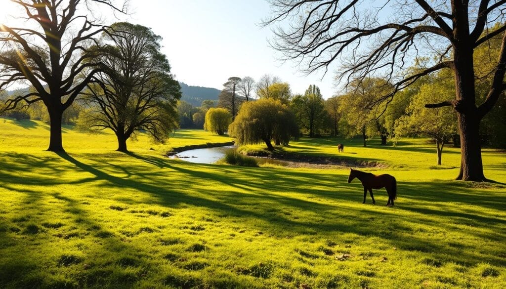 A lush, verdant meadow stretches out, bathed in the warm glow of the afternoon sun. Towering trees line the edges, their branches casting playful shadows on the grassy expanse below. In the distance, a babbling brook winds its way through the landscape, its tranquil waters reflecting the azure sky above. A sense of peace and serenity permeates the scene, inviting the viewer to immerse themselves in the natural harmony. Horses graze contentedly, their majestic presence a symbol of strength and resilience. This idyllic setting, a haven for healing and connection, perfectly encapsulates the essence of "Guarigione nelle Relazioni".