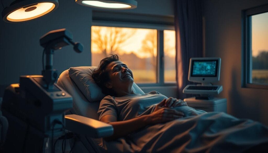 A serene, dimly lit medical clinic interior. The focus is on a patient reclining comfortably, surrounded by advanced electromedical equipment. Soft, warm lighting casts a calming glow, creating an atmosphere of safety and care. The patient's expression is one of relief, as if the treatment is alleviating their distress. In the background, a window offers a glimpse of a peaceful, natural landscape, symbolizing the restoration of mental well-being. The composition emphasizes the effectiveness and therapeutic nature of the treatment, conveying a sense of hope and healing. A serene, dimly lit medical clinic interior. The focus is on a patient reclining comfortably, surrounded by advanced electromedical equipment. Soft, warm lighting casts a calming glow, creating an atmosphere of safety and care. The patient's expression is one of relief, as if the treatment is alleviating their distress. In the background, a window offers a glimpse of a peaceful, natural landscape, symbolizing the restoration of mental well-being. The composition emphasizes the effectiveness and therapeutic nature of the treatment, conveying a sense of hope and healing.