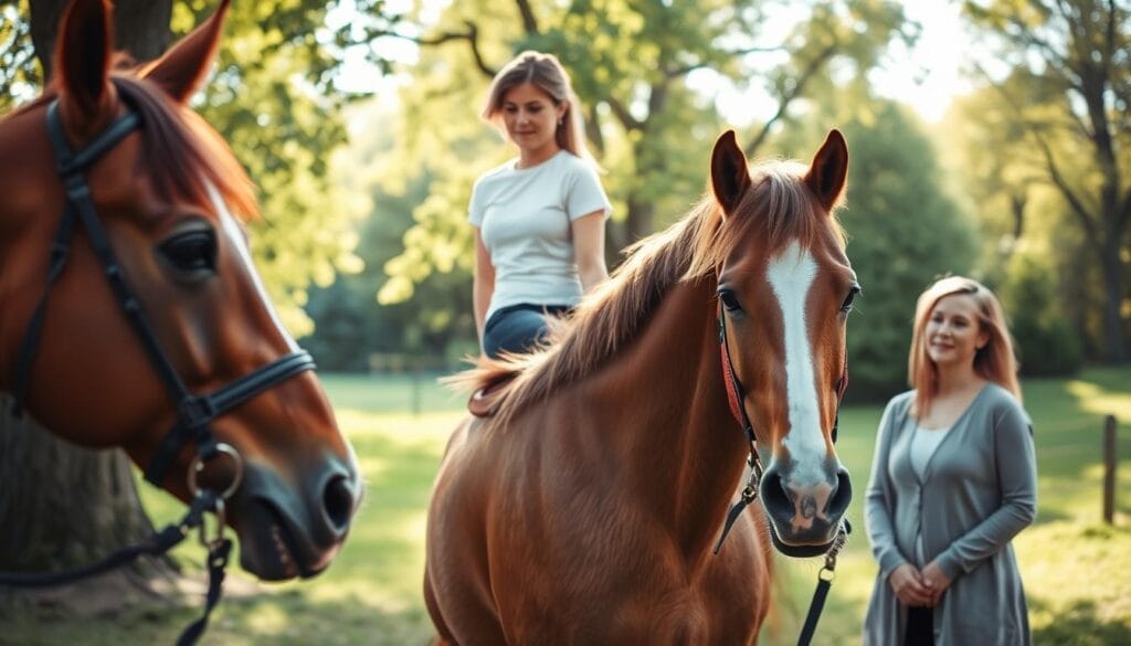 A serene scene of equine-assisted therapy in a tranquil outdoor setting. In the foreground, a patient sitting atop a gentle, chestnut-colored horse, their body language conveying a sense of calm and connection. The horse's eyes reflect a soulful understanding, as it stands patiently, providing a therapeutic presence. In the middle ground, a skilled therapist observes the interaction, their gaze attentive and supportive. The background showcases a lush, verdant landscape, with dappled sunlight filtering through the trees, creating a warm and nurturing atmosphere. The overall mood is one of healing, harmony, and the restorative power of the human-horse relationship.
