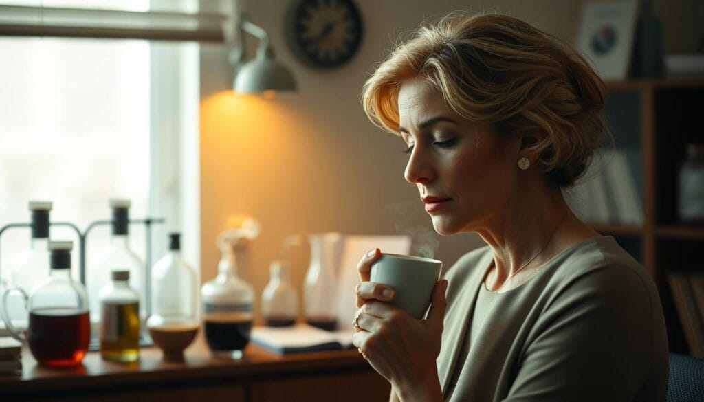 A serene study of the impact of caffeine on healthy aging in women. In the foreground, an elegant woman gazes thoughtfully at a steaming cup of coffee, its rich aroma filling the air. The middle ground features a tasteful arrangement of scientific instruments and research materials, hinting at the study's scientific focus. In the background, a warm, subdued lighting illuminates the tranquil, contemplative atmosphere, evoking a sense of balance and well-being. The scene conveys a sense of thoughtful, insightful exploration of the relationship between caffeine and healthy aging in the female experience.