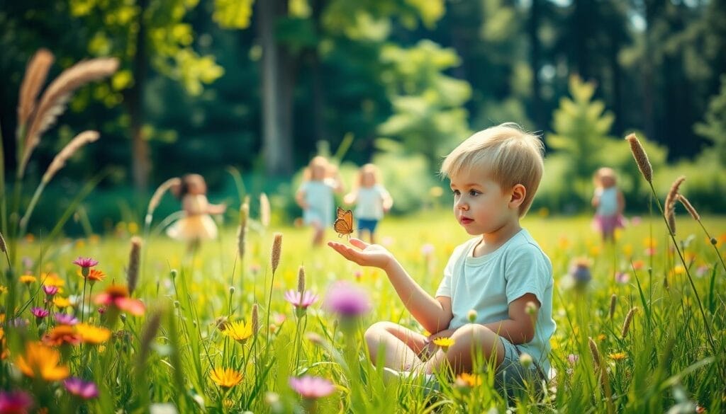 A serene, sun-dappled meadow, lush with vibrant wildflowers and tall, swaying grasses. In the foreground, a young child sits cross-legged, gazing thoughtfully at a delicate butterfly resting on their outstretched hand. The child's expression is one of tranquility and wonder, their eyes shining with a sense of emotional connection to the natural world. In the middle ground, a group of children play joyfully, their laughter and movement captured in a soft, impressionistic blur. The background features a verdant forest, its towering trees and dappled light creating a calming, restorative atmosphere. The overall scene conveys the importance of emotional regulation and the healing power of nature, particularly for young, developing minds.