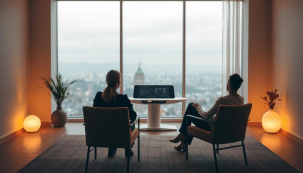 A serene therapy room with warm, diffused lighting. In the foreground, a therapist's chair and a patient's chair face each other, their forms subtly implied through the soft focus. In the middle ground, a sleek, advanced-looking AI console emanates a gentle glow, seamlessly integrated into the calming decor. The background features a tranquil landscape visible through large windows, perhaps a city skyline or a serene nature scene, conveying a sense of openness and possibility. The overall atmosphere is one of thoughtful collaboration, technology harmoniously complementing the therapeutic process.