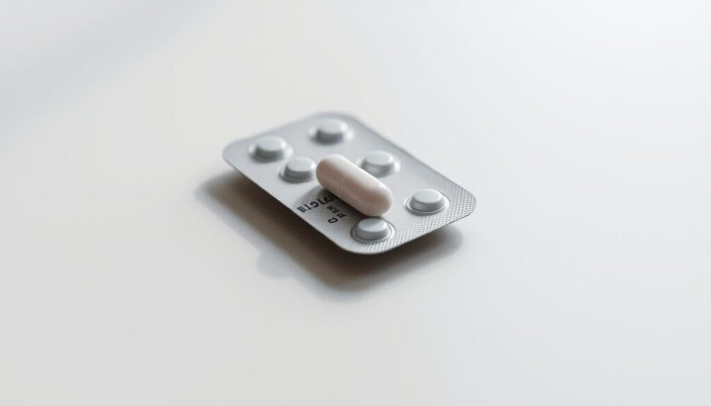 A sleek, modern contraceptive pill package resting on a neutral-toned surface, casting a soft shadow. The pill casing is rendered in muted shades, conveying a sense of simplicity and sophistication. The lighting is diffused, creating a gentle, contemplative atmosphere. The composition places the pill at the center, allowing it to be the focal point, while the background is blurred and minimalist, drawing the viewer's attention to the subject. The overall aesthetic is clean, stylized, and representative of the introduction to the contraceptive pill, without any distracting elements.