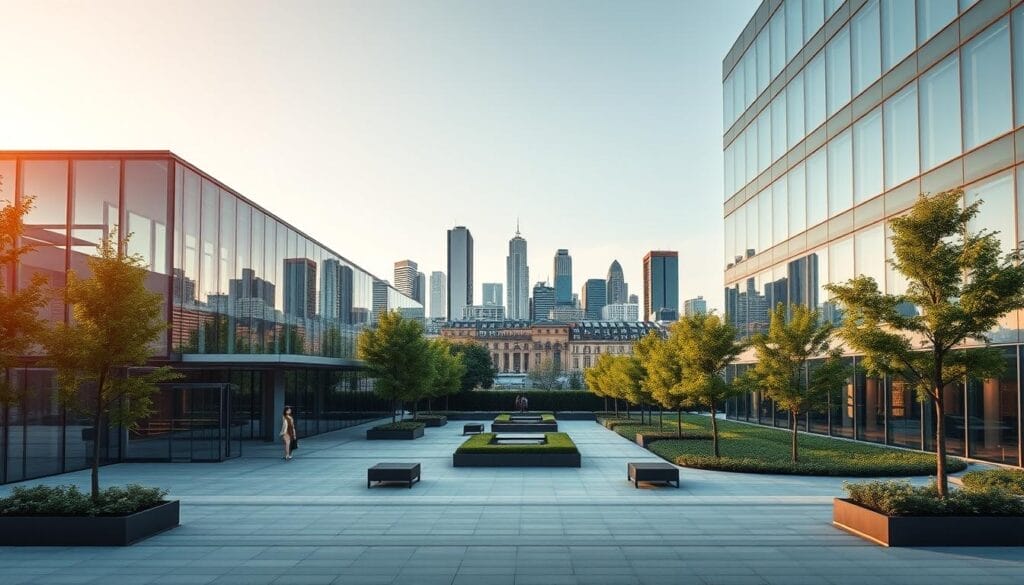 A striking, modern medical center set against the backdrop of Milan's urban skyline. In the foreground, a minimalist glass and steel structure with clean lines and a sleek, professional facade. The entrance is highlighted by a bold, geometric design that evokes a sense of innovation and forward-thinking. The middle ground features a well-manicured plaza with stylish seating areas and lush, verdant landscaping, creating a tranquil, contemplative atmosphere. In the distance, the iconic skyscrapers and historic architecture of Milan's cityscape provide a dynamic, cosmopolitan context. The lighting is warm and diffused, casting a soft, inviting glow over the entire scene. The overall impression is one of a state-of-the-art, cutting-edge psychiatric facility that seamlessly blends modern design with the vibrant energy of Milan.