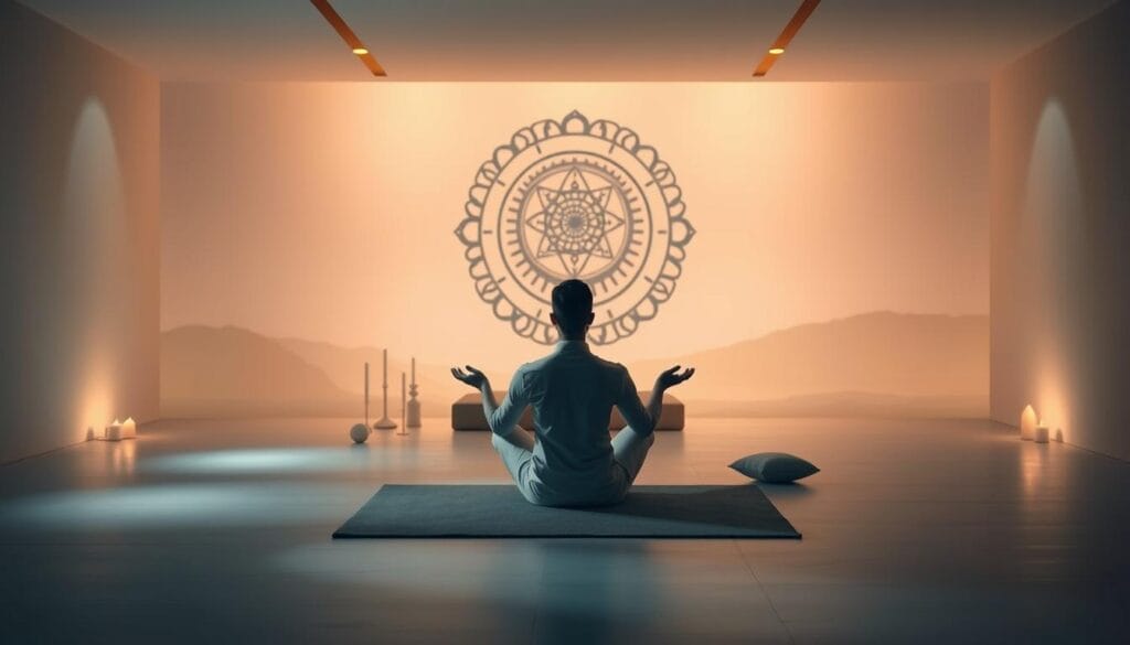 A tranquil, introspective meditation chamber illuminated by soft, diffused lighting. The foreground features a serene figure sitting cross-legged, eyes closed, palms upturned in a state of deep focus and inner stillness. The middle ground contains symbolic elements of the "Inner Engineering" practice, such as a mandala or sacred geometry pattern, candles, and incense. The background depicts a calming, ethereal landscape with muted hues, perhaps a mountainous vista or a serene body of water, conveying a sense of harmony and connection with the natural world. The overall atmosphere is one of profound introspection, balance, and the integration of mind, body, and spirit.