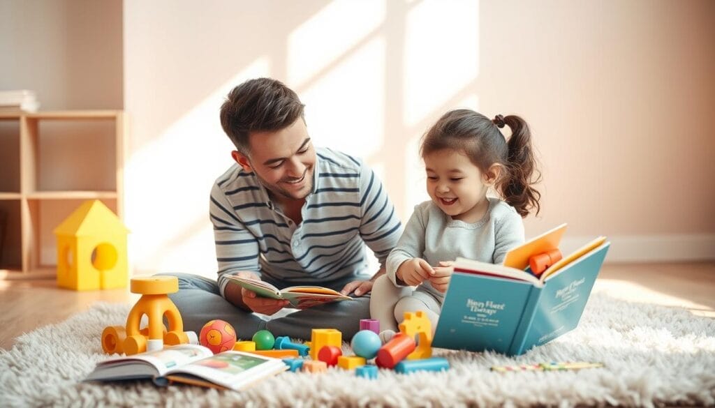 A warm, inviting scene of a parent and child engaged in play therapy. The pair sit on a plush rug, surrounded by colorful toys and books. The parent's face is filled with attentive care as they guide the child through interactive exercises. Soft, natural lighting filters in, creating a cozy, nurturing atmosphere. The child's expression is one of joy and trust, indicating the positive impact of this therapeutic approach. In the background, a calming, pastel-hued wall provides a soothing backdrop. The overall composition conveys the bonding and learning that occurs during Parent-Child Interaction Therapy, a powerful intervention for childhood depression.