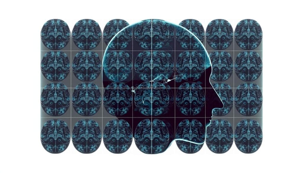 High-resolution, detailed medical illustration of electroencephalogram (EEG) brain scans, showcasing the intricate neural activity patterns of an expert meditator's brain. The scans are presented against a clean, minimalist backdrop, emphasizing the scientific nature of the imagery. The colors are muted and subdued, with a calming, contemplative atmosphere. The scans are displayed in a grid-like arrangement, suggesting a systematic, analytical approach to the study of the brain's responses to advanced meditation practices. The lighting is soft and evenly distributed, highlighting the clarity and precision of the scans. The overall composition conveys a sense of scientific rigor and the potential insights that can be gained from studying the neurological effects of long-term meditation.