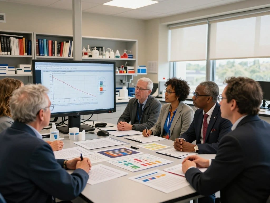 A modern research lab setting focused on aging studies. In the foreground, a diverse group of researchers in professional attire engages in discussion around a table cluttered with charts and study materials. The middle ground features a large digital display showcasing graphs related to cognitive decline and amyloid levels. In the background, shelves lined with scientific literature and biochemistry models create a scholarly atmosphere. Soft, natural lighting filters through large windows, casting warm tones across the room. The mood is focused and collaborative, emphasizing the importance of research in understanding Alzheimer's disease within the context of the Mayo Clinic Study of Aging. Lens: 35mm, angle slightly elevated for a comprehensive view.