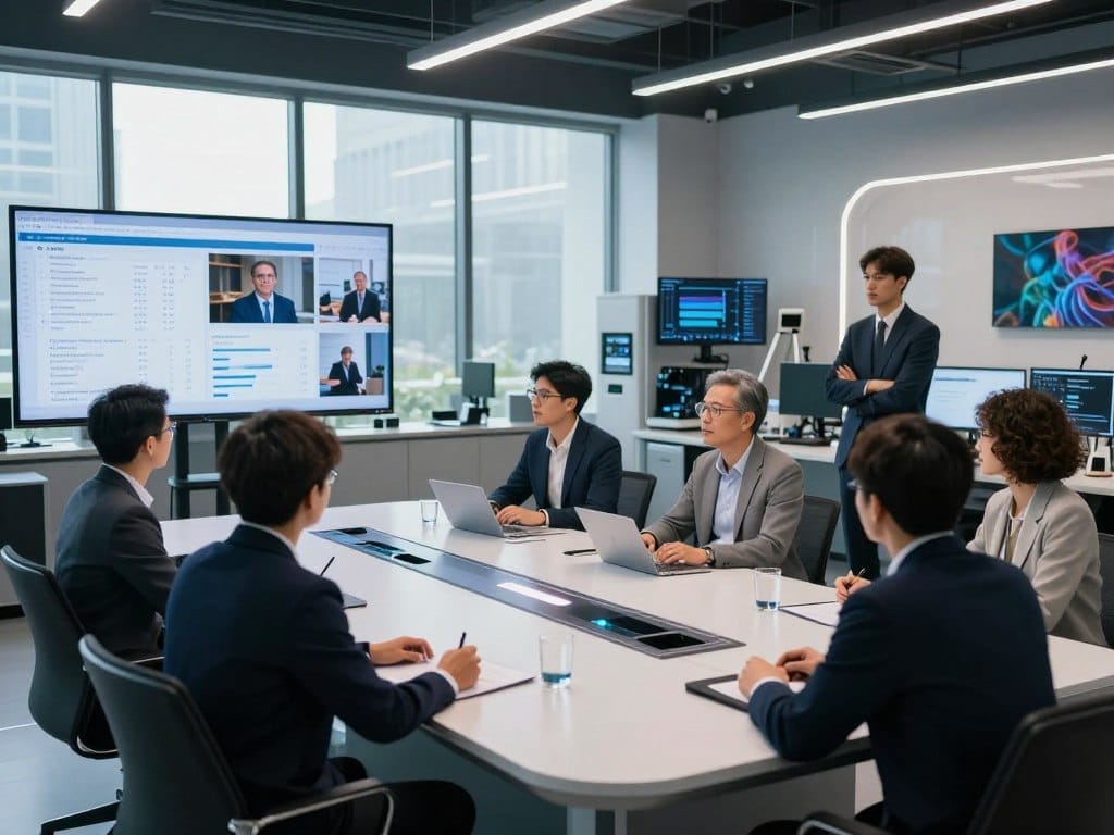 A modern research studio setting showcasing a dynamic visual comparison of six language models (LLMs). In the foreground, a sleek, futuristic conference table with presentation screens displaying data and metrics about the LLMs, along with images of human experts engaged in deep discussion. The middle ground features a diverse group of professionals, dressed in business attire, analyzing the displayed data with thoughtful expressions. In the background, floor-to-ceiling windows let in natural light, illuminating high-tech lab equipment and digital art related to AI research. The atmosphere is one of intense focus and collaboration, with a blend of innovation and tradition. Use soft, diffused lighting to create an engaging and professional environment that reflects cutting-edge research.